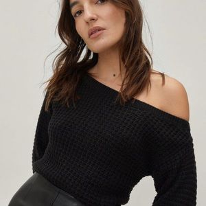 Black Petite Recycled Off the Shoulder Sweater.